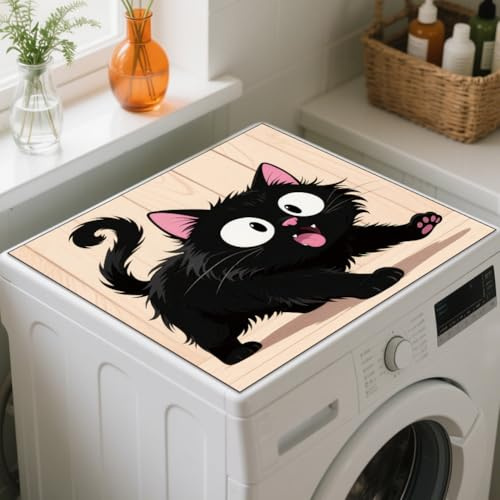 GLOBLELAND Lustige Schwarze Katze Waschmaschinenauflage 60x60cm Saugfähig Schnelltrocknend Trockner Auflage Weiche und Zuschneidbare Universal Waschmaschinenabdeckung für Waschmaschine Trockner Bäder