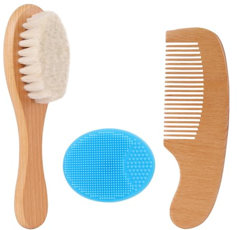 Beugo Baby Haarbürste und Baby Kamm Set, Hölzerne Weiche ziegenhaarbürste, Silikonhaarbürste, Babyhaarbürste Extra Weich für Neugeborene, Kleinkinder, Cradle Cap(3PCS, Silikonbürste+Haarbürste+Kamm)