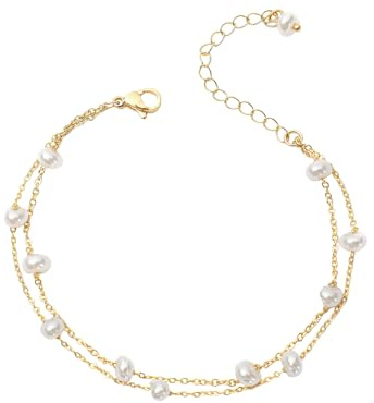 Pulsera de perlas para mujer, delicada y ajustable, pulsera de perlas de doble capa, acero inoxidable, cobre y perlas para el día a día, joyas minimalistas, regalos para mujeres
