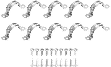 sourcing map 10Pcs 40mm(1-9/16) 304 Stainless Steel Rigid Pipe Strap, Two Hole Strap U Bracket Heavy Duty Pipe Conduit Clamp with Self-Tapping Screws for Hose Wire Cord Installation, Silver