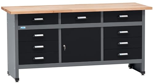Küpper Werkbank Modell 12879, 170 x 60 x 84 cm, 9 Schubladen, 1 Tür, 300 kg Traglast, 30 mm Massive Buchenarbeitsplatte (Schwarz)