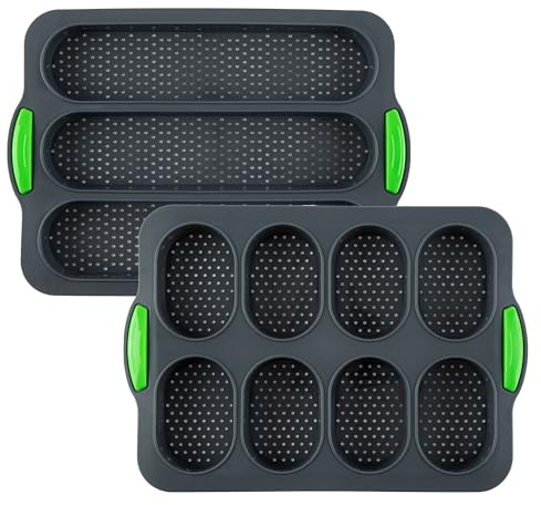 JBESUHI Set of 2 Nonstick Silicone Baguette Pans - 8 Gutter Perforated Baking Trays, 3-Wave Long Loaf Molds for French Bread, Hamburger Buns, Sandwich Rolls & Toast (Oven Safe)