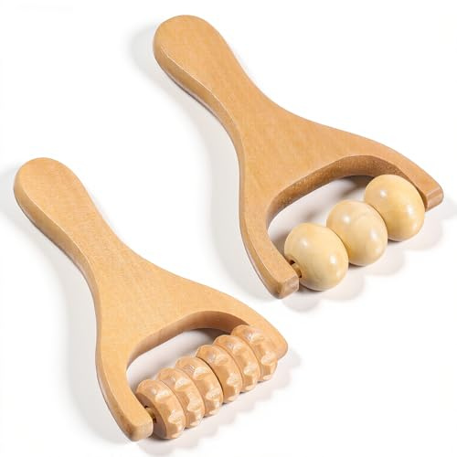2 PCS Wooden Massage Roller Tool, Wood Bead Muscle Roller, Manual Wooden Foot Massage Roller for Leg Thigh Arm Body Muscle Tissue Pain Relief