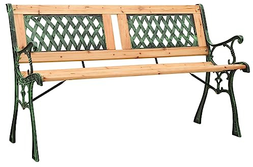 QZZCED Gartenbank mit Gestell aus Gusseisen und massivem Fichtenholz, 122 cm, stabiler und langlebiger Außensitz für Terrasse oder Hof, dekorative Rückenlehne aus PVC