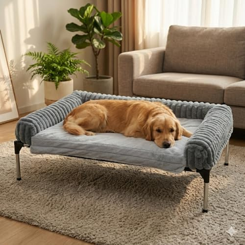 MALOROY Raised Dog Bed for Large Dogs Cooling Elevated Dog Bed for Dogs Cat | 2-in-1 Design Pet Bed, Raised Dog Bed with Bolster, Breathable Mesh, No-Slip Feet Travel & Orthopedic Dog Bed, 110×78×36cm