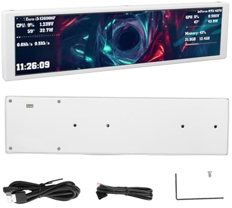 Plyisty 9,2-Zoll-Zweitbildschirm für Computer, 1920 x 462 FHD IPS-Display für PC-Gehäuse, Überwachung der CPU- und GPU-Temperatur, Typ C/4-polig verkabelt, dynamische Videothemen (White)