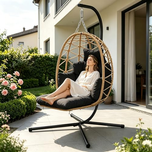 Polyrattan hängstol med ram, korgfåtölj utomhus hängstol inomhus, väderbeständig, justerbar höjd med benstoppning, ergonomisk, upp till 150 kg för trädgård, balkong, terrass, vardagsrum (svart)