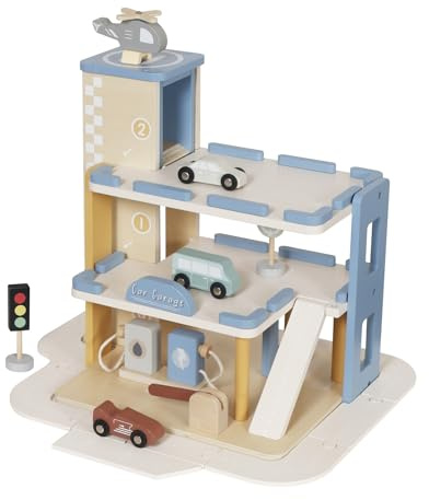 Juguetes de madera para aparcamiento con coches y helicópteros – Garaje de juguete de 3 pisos con rampa, ascensor y accesorios – Montessori juguete de madera para niños a partir de 3 años