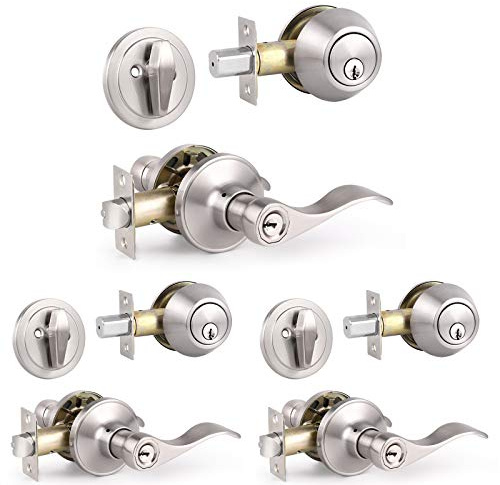 Knobonly 3 Sets of Front Exterior Door Knob Set with Single Cylinder Deadbolts in Satin Nickel Finish, All Keyed Same Combo Pack, Wave Style Entry Door Lever Locks with Combinations