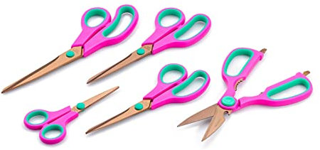Maximex Scherenset Titan-beschichtet Pink 5er-Set, Scharfes Scheren Set mit ergonomischen Anti-Rutsch-Griffe, Langlebige Bastel- & Küchenschere für Rechts- und Linkshänder