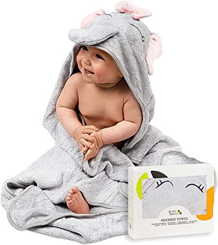 JM Asciugamano con cappuccio morbido ipoallergenico di alta qualità, 100% bambù biologico, set da bagno per neonati, 88,9 x 88,9 cm, design carino, neonati e bambini fino a 5 anni, elefante rosa