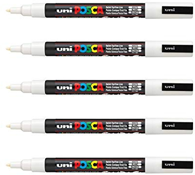 POSCA Mitsubishi Pencil 5 pennarelli bianchi PC3M, punta conica, punta fine, pennarello a base d'acqua, qualsiasi supporto, per carta, tessuto, vetro, ciottoli, legno, ecc.
