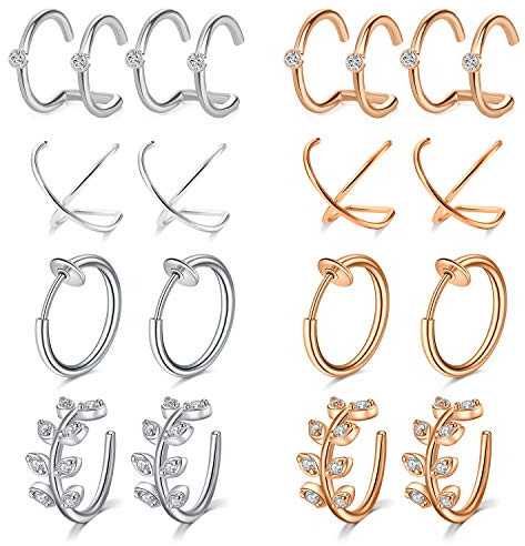 Mayhoop 16 Piezas Piercing Oreja Falso Ear Cuffs Clip de Oreja Plata Oro Rosa Acero Inoxidable Falso Piercing Oreja Labbio Nariz para Hombres y Mujeres
