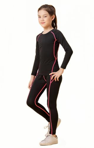 Coralup Compression Sets Sport Base Layer Kids Thermal Underwear Suits Fitness Clothing 2PCS Pink 10-11Years