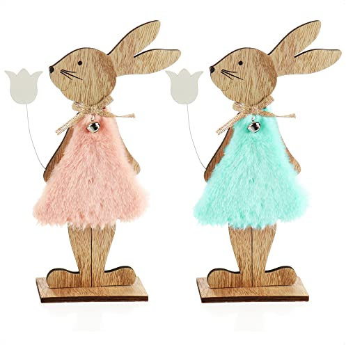 com-four® 2x Espositori decorativi per Pasqua - Coniglietto pasquale in abito con fiore - Decorazione pasquale da appoggiare in legno (2 pezzi - blu/rosa)