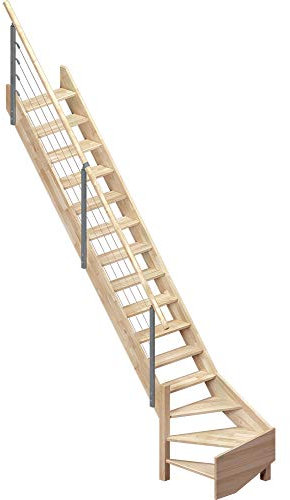 DOLLE Raumspartreppe Brest Höhe bis 320 cm ¼-gewendelt unten Links, Eiche unbehandelt volle Stufen 70cm inkl. Geländer