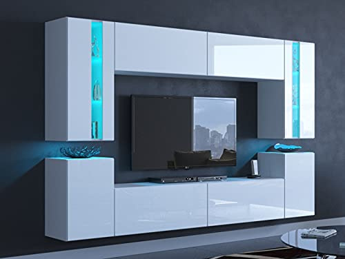 Furnitech Wohnwand | Möbel mit LED RGB - 16 Farben | Hängend Modern | Schrankwand mit Regale und TV Schrank (24/HG/W/2 1B Groß)
