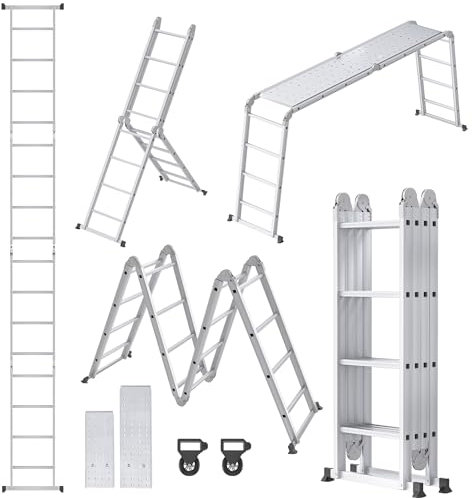 YRHome 6 in 1 Leiter Mehrzweckleiter Alu Gelenkleiter Klappleiter Steigleiter 470cm Multifunktionsleiter Aluleiter Stehleiter Kombileiter mit Plattformbis 150KG belastbar 4x4 Stufen Silber
