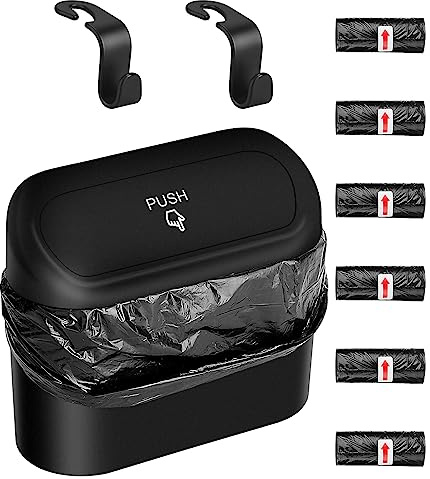 Car Bin with Lid, Mini Rubbish Bin with 6 Rolls Trash Bags & 2 Hanging Hooks, Push-On Leakproof Small Waste Bin for Front Back Seat, Portable Trash Can Organiser for Vehicle Accessories, Black