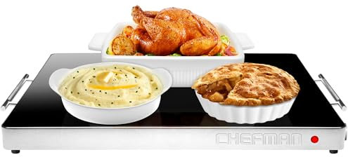 Scaldavivande elettrico Chefman con temperatura regolabile, perfetto per buffet, ristoranti, feste, eventi e cene a casa, superficie in vetro 25 x 18 per mantenere il cibo caldo – Nero