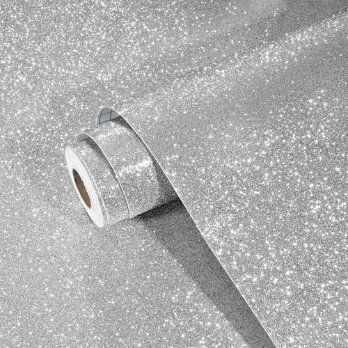Yullpaper Silver Glitter Peel and Stick Girls Bedroom Wallpaper - Glitter Dresser Worktop Vinyl Covering Sticky Back Plastic Self Adhesive Silver Grey Wallpaper 40cm X 200cm