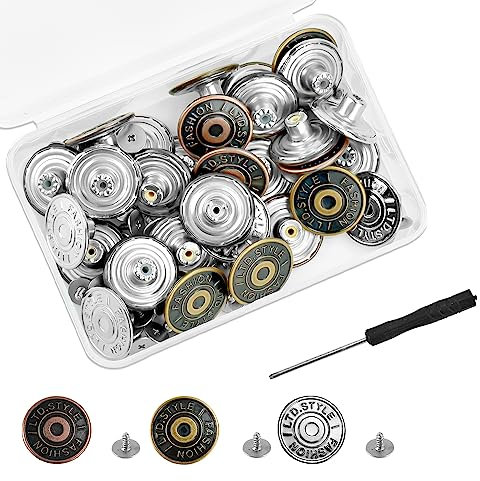 LANSKYLAN 30 Pack Hosen Ersatz Knöpfe Verstellbare Hosenknöpfe Jeansknopf 20mm Jeansknöpfe zum Schrauben Jeans Knöpfe Ohne Nähen Jeans Button Replacement mit Schraubendreher für Jeans Jacken Hosen