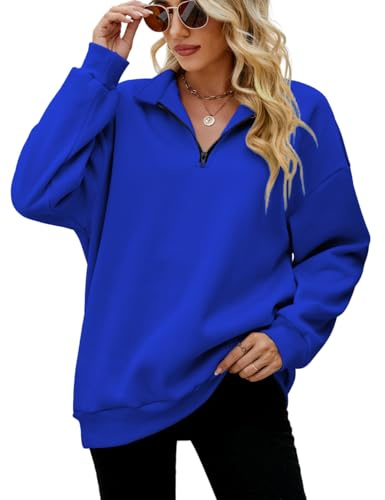 MGOOL Damsweatshirts, överdimensionerade långärmade tröjor kvartsblixtlås, ledig lös fleece, pullover toppar, BLÅ, S
