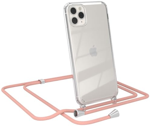 EAZY CASE Handykette kompatibel mit iPhone 11 Pro Max Handyhülle mit Umhängeband, Handykordel mit Schutzhülle, Silikonhülle, Hülle mit Band, Stylische Kette für Smartphones, Alt Rosa - Clips Silber