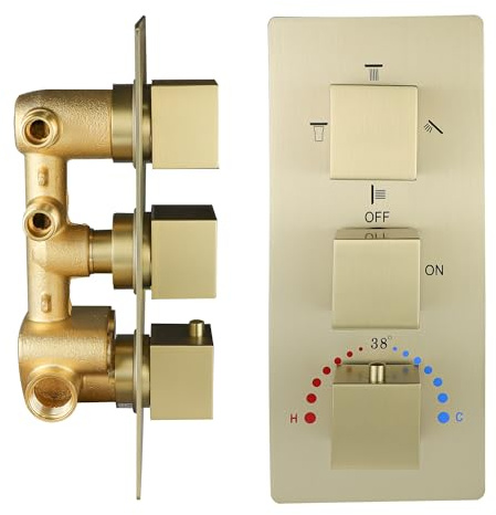 Brass 4 Ways Shower Diverter Valve Brushed Gold, HOMEDEC Thermostatic 4 Outlets 3 Handles Control Shower Mixing Mixer Valve Trim Kit Replacement, 3/4inch Rough In