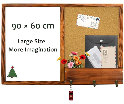 Umtiti ZSB-6090SZ, Wand-Organizer mit Whiteboard, Korktafel, Briefhalter und Haken, massives Kiefernholz, Walnussholz, brauner Rahmen, 60 x 90 cm