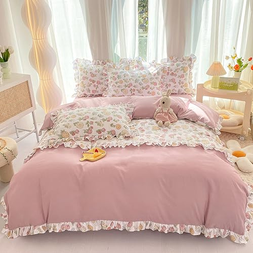 GETIYA Damen Mädchen Bettwäsche 135x200 Rosa Blumen Bettwäsche Mikrofaser Romantisch Rüschen Bettbezug Floral Blumen Muster Bettbezug Einzelbett Rosa Bettwaren-Set mit 1 Kissenbezug 80x80
