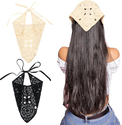 LLOUSSAK 2 st virkade bandana pannband huvudscarf hårband för kvinnor stickad blommigt hår bandana slips knutet hårtillbehör för hårstyling dekor