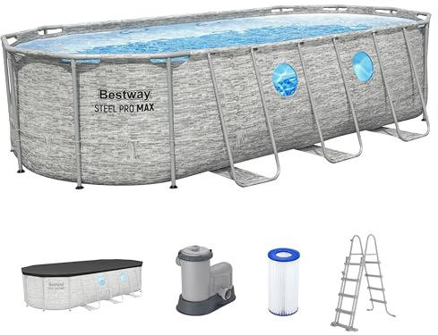 Bestway Power Steel Swim Vista Series Frame Pool Komplett-Set mit Filterpumpe 549 x 274 x 122 cm, Steinwand-Optik (Cremegrau), oval