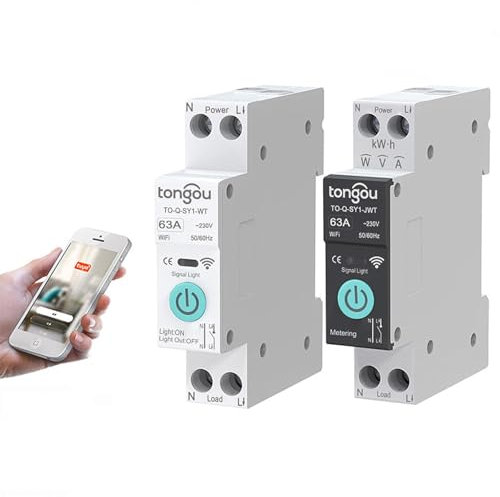 Interruptor inteligente WiFi Tuya, 6A 10A 16A 20A 25A 32A 40A 50A 63A Timer Interruptor Medición/Sin medición Trabaja con Alexa Google Assistant TUYA/Smart Life APP Control remoto (With Metering, 10A)
