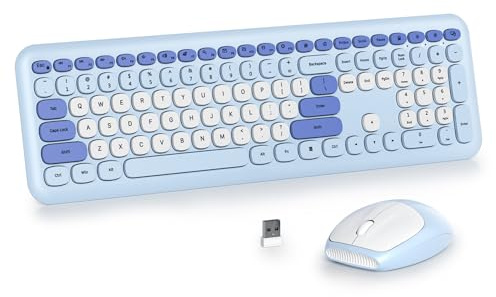 SOLIDEE Buntes kabellose Tastatur und Maus-Kombination,2.4GHz Retro Schreibmaschine Tastatur,104 Tasten in voller mit Ziffernblock,Leise membran Tastatur(Amerikanisch QWERTY)(Pro Blue)