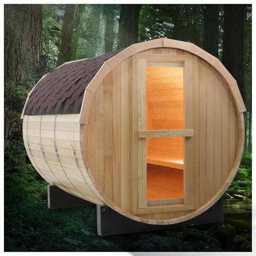amocane Sauna à vapeur extérieur en forme de tonneau pour 2 à 4 personnes en bois de pruche pour la maison, chauffage électrique Toule 4,5 kW avec pierre de sauna, kit d'accessoires de sauna et toit