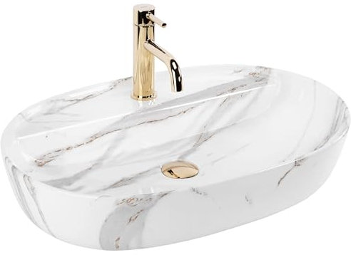 VBChome Waschbecken 61 x 41 cm Keramik Weiß-Aiax Oval mit Hahnloch Waschtisch Handwaschbecken Aufsatzwaschbecken Waschschale Keramikwaschbecken Waschbecken im Badezimmer