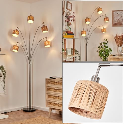 HOFSTEIN Granja golvlampa, modern golvlampa med marmorfot av metall/bast i svart/nickelmatt/naturfärger, justerbar lampa med fotbrytare, E14, vardagsrum, sovrum, hall