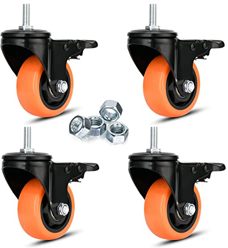 75 mm Schwerlast-Drehrollen Set 4 Stück mit Gewindestiel M10x25 mm und Sicherheits-Doppelsperre 450 kg Tragkraft Industrie-Transportrollen mit Bremse leise laufend für Trolleys und Möbel