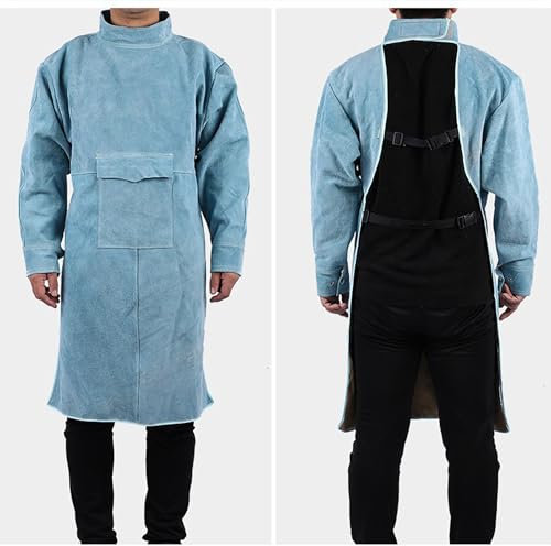 Grembiule da Saldatore in Pelle Bovina antifiamma Lungo Cappotto Protettivo Abbigliamento Tuta Saldatore Pelle Resistente,Blu,120cm