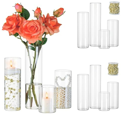 Pots de bougie en verre et cylindres en verre pour bougies et photophores en verre : Hewory Lot de 12 pots de bougie avec perles d'eau, pots de bougie pour bougies flottantes - Vase en verre