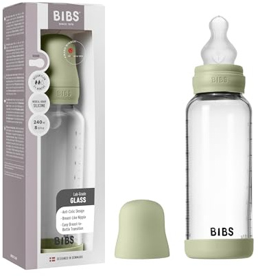 BIBS Baby Glass Bottle. 240ml Biberon en verre. Anti-colique. Embout rond en Silicone. Favorise l’allaitement naturel, 240ml, Complete Set - Sage