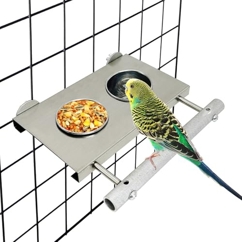 Apatal Stainless Steel Bird Feeder Hanging Parrot Feeder Bowl with Perch Stand Removable Food and Water Cups Bird Cage Accessories for Parakeet Cockatiel Budgie Conure