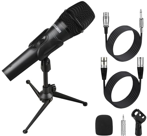 LyricLoom Professional XLR Microphone Wired with Stand, Metal Vocal Dynamic Microphone with Two Cable(16.4 XLR Male to Female & 6.35mm), Corded Microphone for Karaoke, Speaker, Singing, Recording