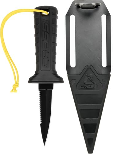 Cressi Mamba Knife Teflon Coated-Tauchermesser mit schlankem, spitzem Design, 7 cm Klinge mit glatter/gezackter Schneide aus Edelstahl 4Cr14/Schwarzer Teflon, Scheide mit Schnur/Sicherheitsverschluss