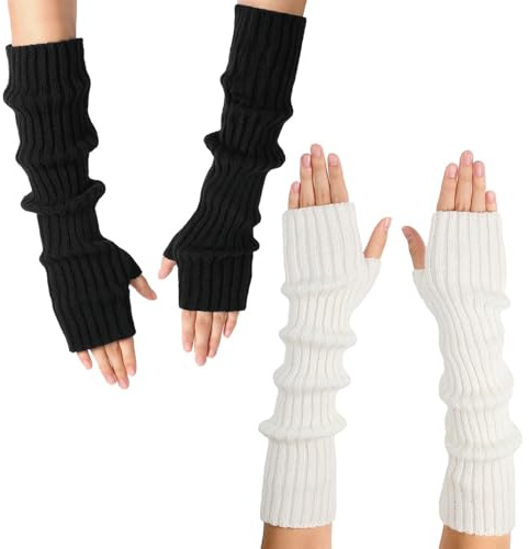 DqiUnaX Stulpen Damen, 2 Paar Armstulpen Damen, Lange Fingerless Gloves, Modische Dehnbare Strick Armstulpen Für Frauen, Daumenloch Stretch Handschuhe, Arm Warmers Für Herbst Und Winter
