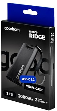 GoodRam Move Ridge Black - Externe Festplatte - SSD 2TB - Lesegeschwindigkeit Max. 2000 MB/s, Schreibgeschwindigkeit Max. 2000 MB/s - USB 3.2 Gen. 2 x2 Type-C - mit Metallgehäuse - 75x32x9,5 mm