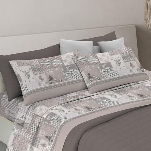 PENSIERI DELICATI Completo Letto Matrimoniale, 100% Cotone Caldo e Morbido, 2 Piazze 180x200cm, Include Lenzuolo sotto, sopra e 2 Federe, Made in Italy, Alpi Beige
