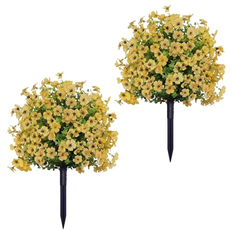 Biplut 22 Inch Artificial Flower Stake Outdoor Decor, Violet Flower with Stake UV Resistant, Garden Stakes for Yard & Lawn,Faux Plastic Flower Spike, All Season Decoration (2pcs Yellow)