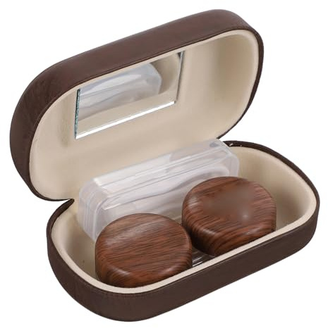 OATIPHO Contacts Lens Case Large Diameter Leakproof Dual Compartment Vintage Leather Portable Eye Storage Box for Travel and Daily Use Dark Brown